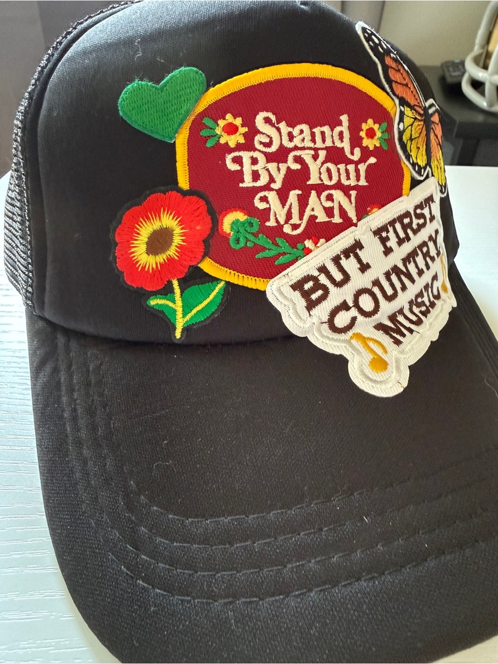 Black Patch Trucker Cap Hat Butterfly Stand By Your Man Country Concert Music OS - Picture 2 of 3